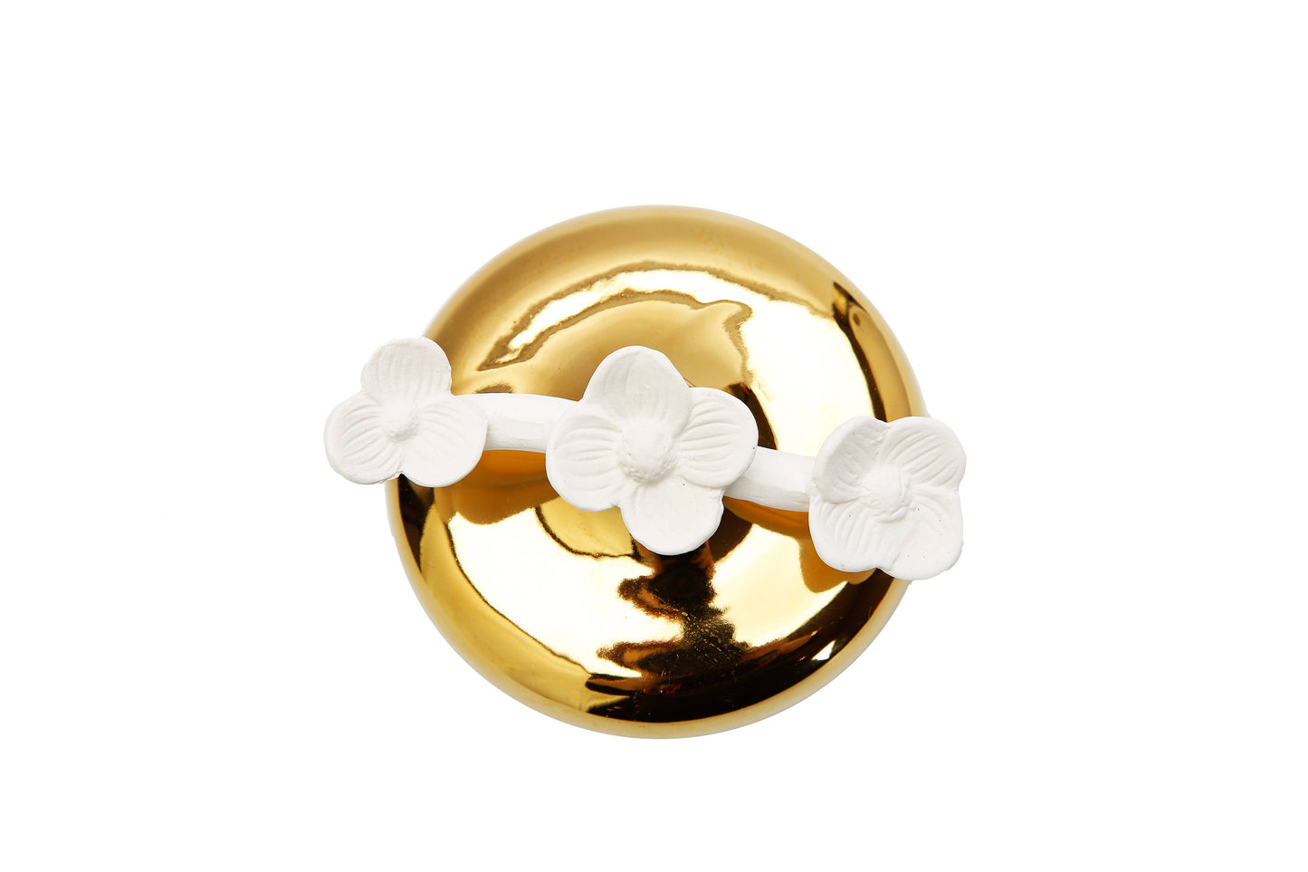 Gold Circular Diffuser with Three White Flowers, Iris & Rose