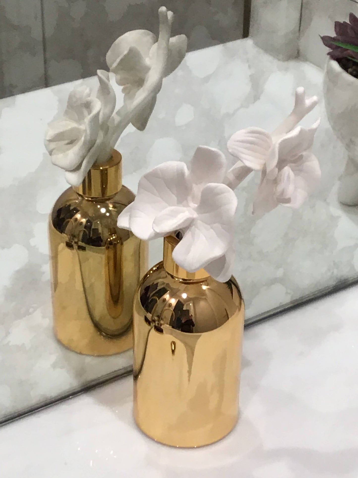 Gold Bottle Diffuser with White Flower