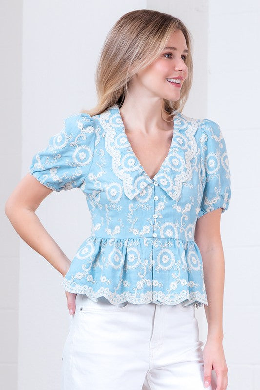 Embroidered Light Blue Blouse
