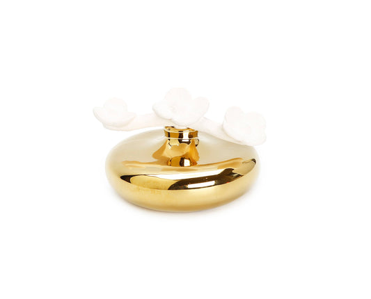 Gold Circular Diffuser with Three White Flowers, Iris & Rose